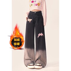 グラデーション刺繍広脚ジーンズ女性春秋大サイズ太ったmmデザイン感小衆ゆるいストレートカジュアル長ズボン