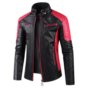 European size leather coat men's foreign trade cross-border Amazon Men's stand collar color matching zipper cardigan fashion casual leather coat