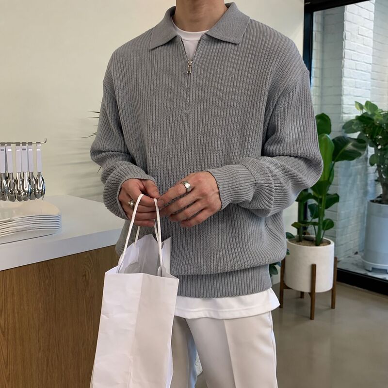 Men's autumn and winter warm polo collar zip-up sweater, solid color knitwear, long-sleeved, old money style, business casual top Men's autumn and winter warm polo collar zip-up sweater, solid color knitwear, long-sleeved, old money style, business casual top