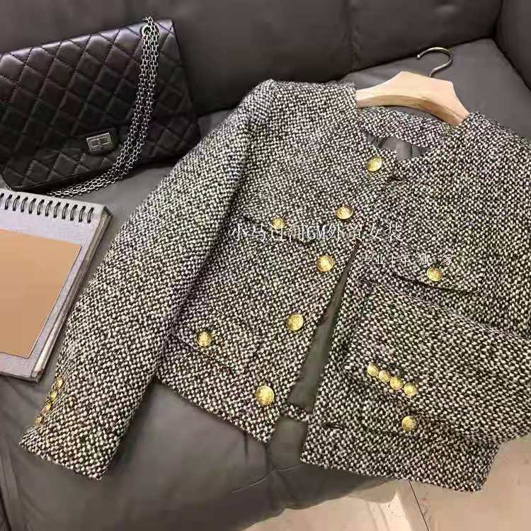 High Yan Value Plaid Fragrant Style ~ Heavy recommend! Gold Buckle Vintage Green Tweed Elegant Short Coat Women Autumn