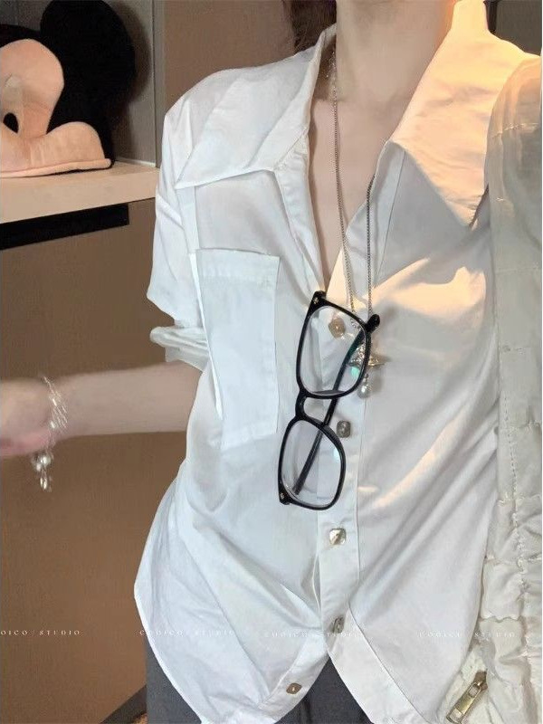 老钱风高级感翻领中袖衬衫女装秋季褶皱收腰宽松百搭白色气质上衣|undefined