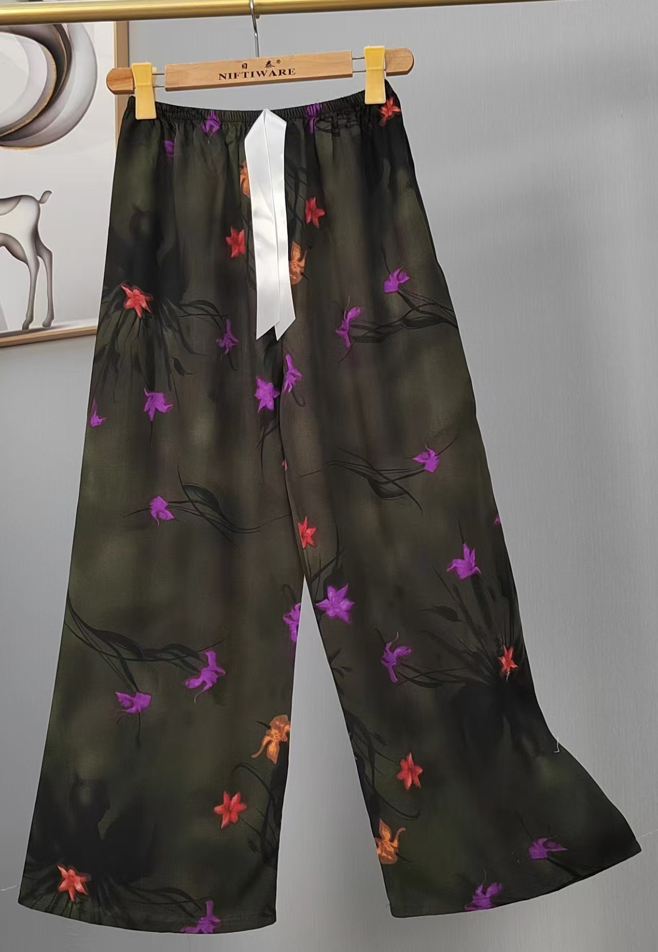 Pijama de seda de algodón para mujer, pantalones anchos de mujer embarazada de seda de algodón con estampado fino de verano