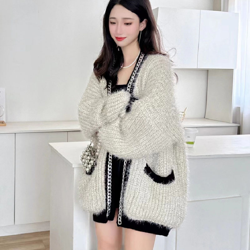 Fairy Mohair Shiny Knit Cardigan 2025 Autumn and Winter Outerwear Loose Lazy Style Chain Sweater Coat Fairy Mohair Shiny Knit Cardigan 2025 Autumn and Winter Outerwear Loose Lazy Style Chain Sweater Coat