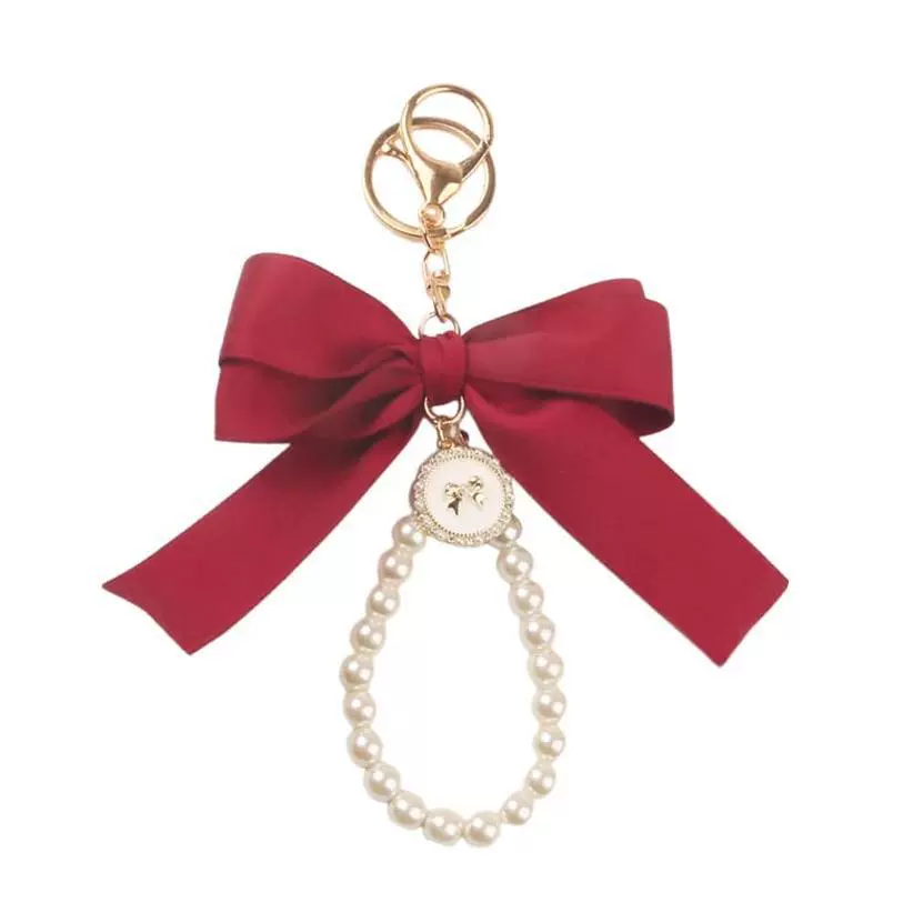 Брелок keychain с жемчужным подвесом и бантом из ленты, петля из бусин, 12×9 см