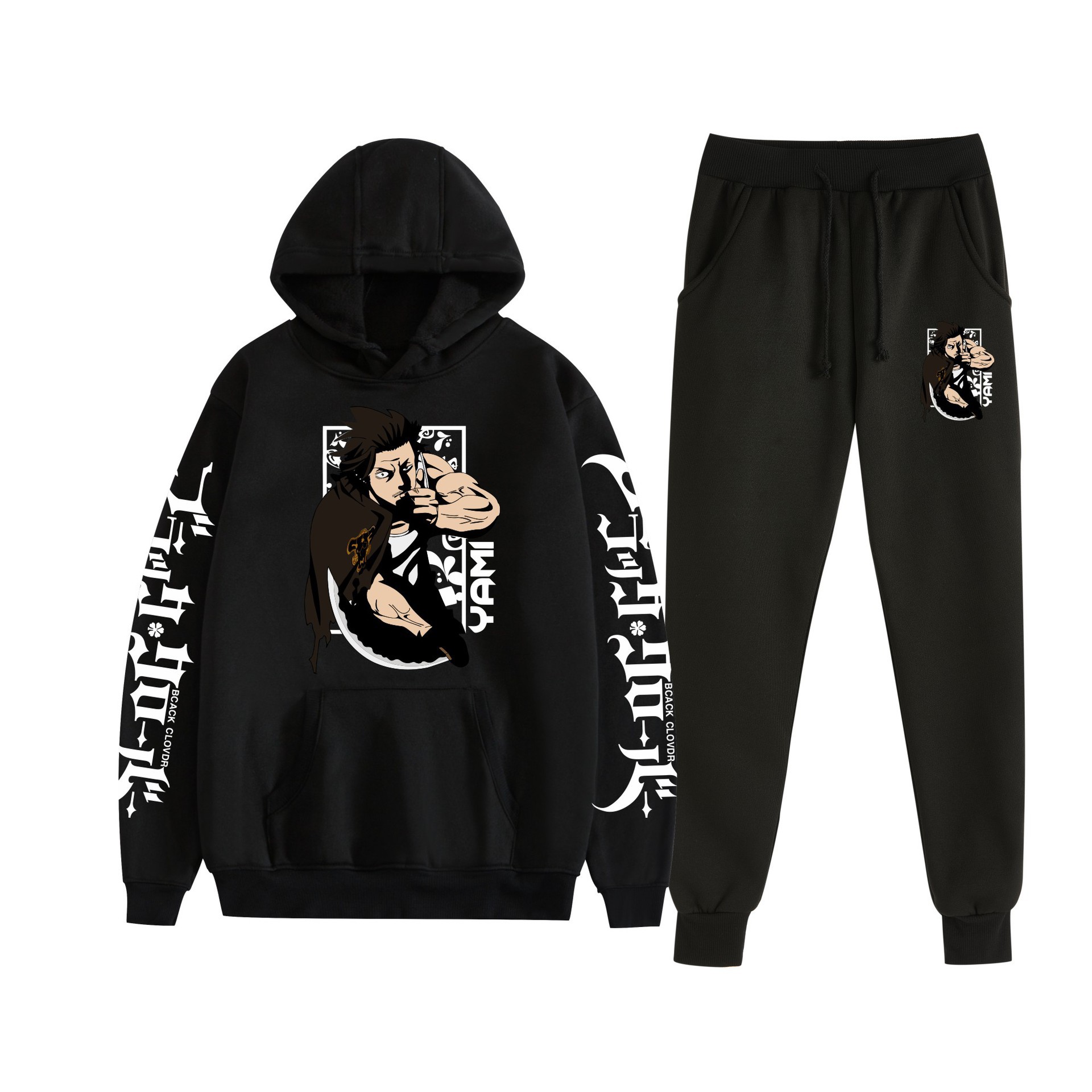 Trébol de cuatro hojas negro nuevo estilo transfronterizo Black Clover pareja suéter con capucha hombres y mujeres pantalones de dos piezas