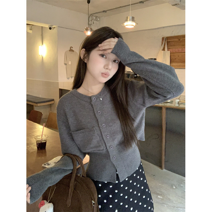 早秋小众设计感收腰系带圆领外套上衣韩系纯色毛衣百搭甜美开衫女|undefined