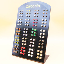 60对卡装大小混尺寸圆形金底白色彩色玻璃锆石铁针耳钉套装水晶