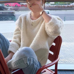 奢缇家半边绒2025冬款厚款纯色毛衣软糯针织套头圆领上衣女装宽松