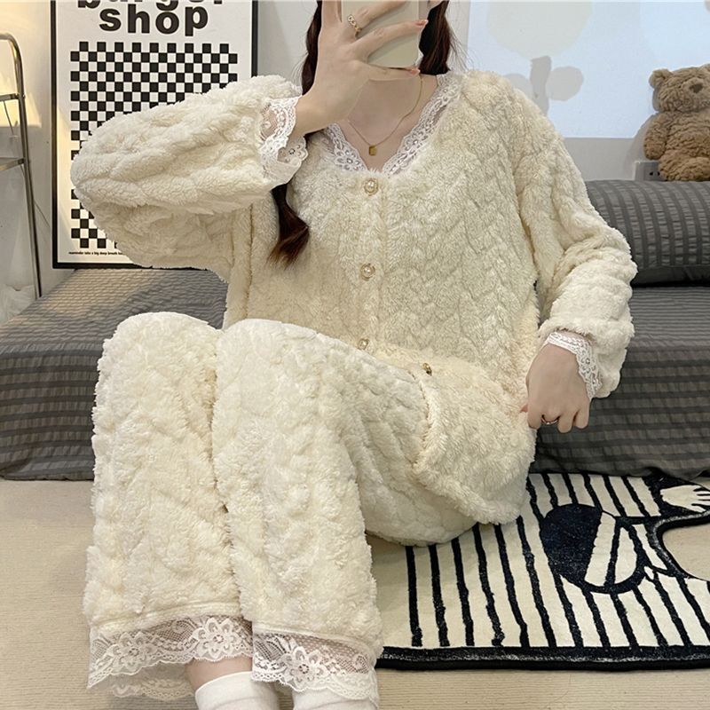 Transmisión en vivo transfronteriza 260g Jacquard encaje pequeño viento cardigán de invierno grueso pijama de mujer ropa de casa