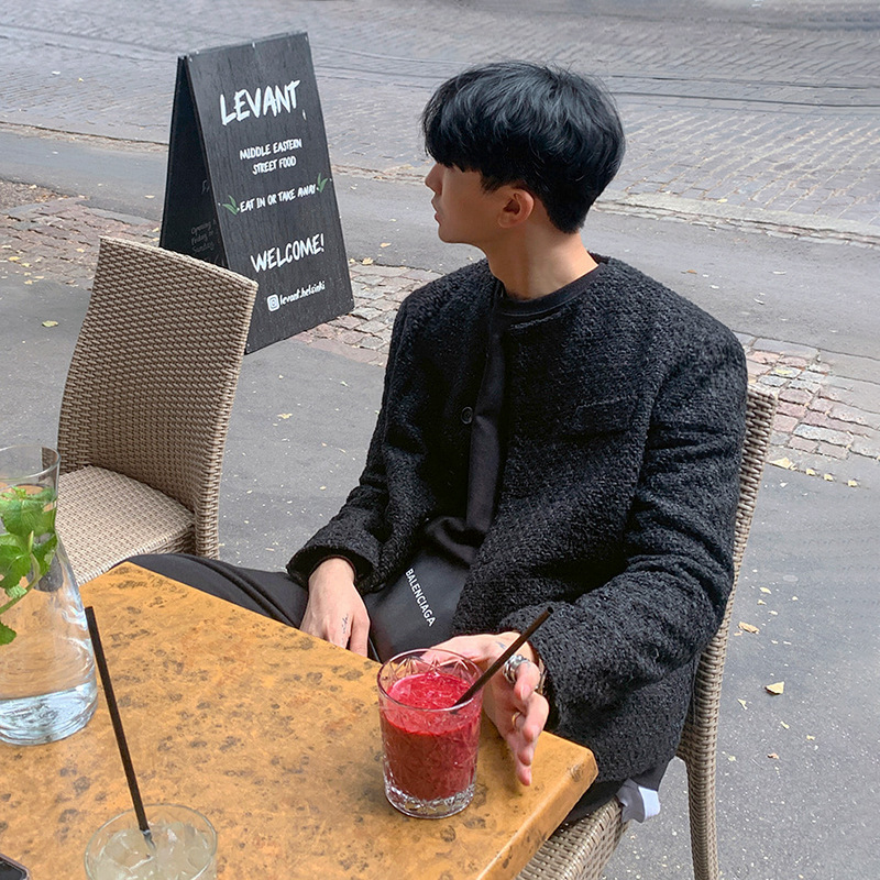 Chanel estilo de los hombres sueltos casual sin cuello chaqueta primavera y otoño estilo coreano de moda Delgado cuello redondo de manga larga chaqueta de los hombres