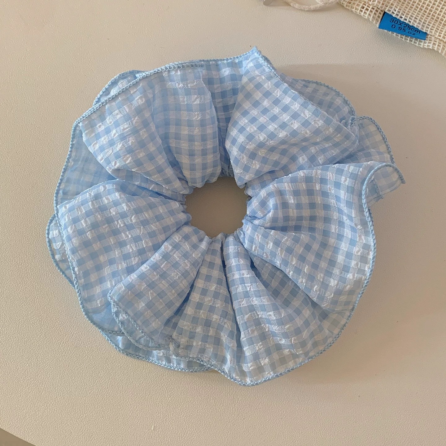 78# light blue and white plaid seersucker pleated hair tie about 16cm