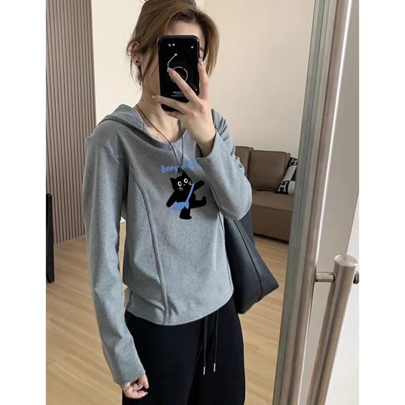 Long-Sleeved Regular Shoulder T-Shirt for Women 2026 Early Autumn Unique Design Hooded Sweatshirt Petite Sporty Loose Top