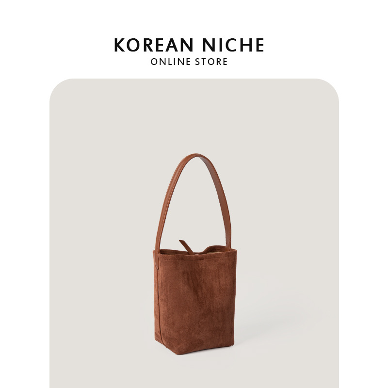 Niche Design Korean Style Simple Suede Hand Shoulder Bag Autumn Women's 2024 All-match Bucket Bag