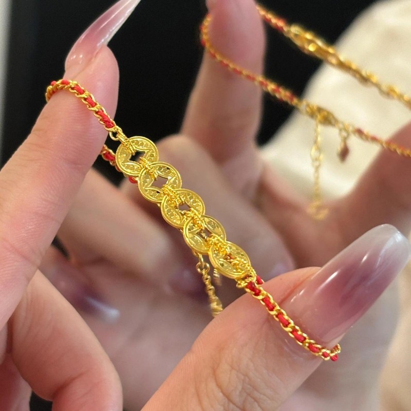新しい中国風の砕いた氷五帝マネー赤いロープ編組ブレスレット女性の絶妙な多用途ハンドロープライト高級レトロスタイルハンドジュエリー|undefined