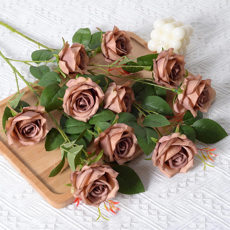 Rosa artificial 5-cabeza París Rosa Día de San Valentín Hotel decoración de la boda falsa Flor de seda artificial al por mayor