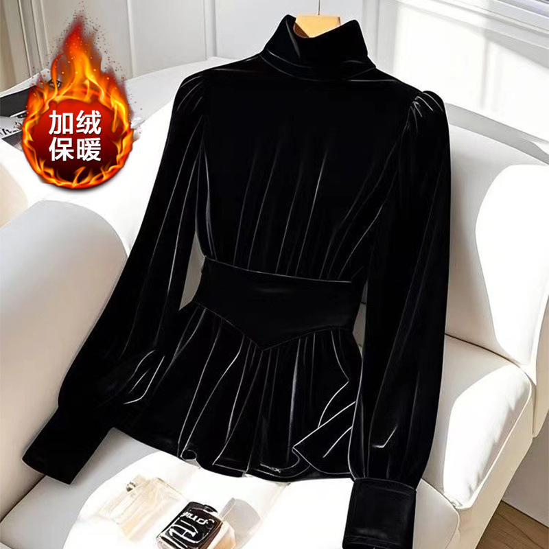 French Style Unique Super Good-looking Inner Long-sleeved Velvet Shirt Winter Light Luxury High-end Black fleece-lined Top