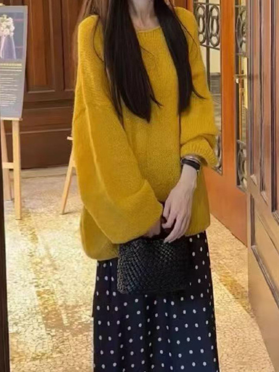 2025新款韩系复古风氛围感慵懒气质宽松毛衣女+波点半身裙套装女|undefined