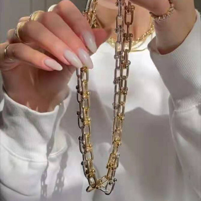 ins博主savis同款U型粗鏈條項鏈女簡約時尚鎖骨鏈鍍18K金钛鋼