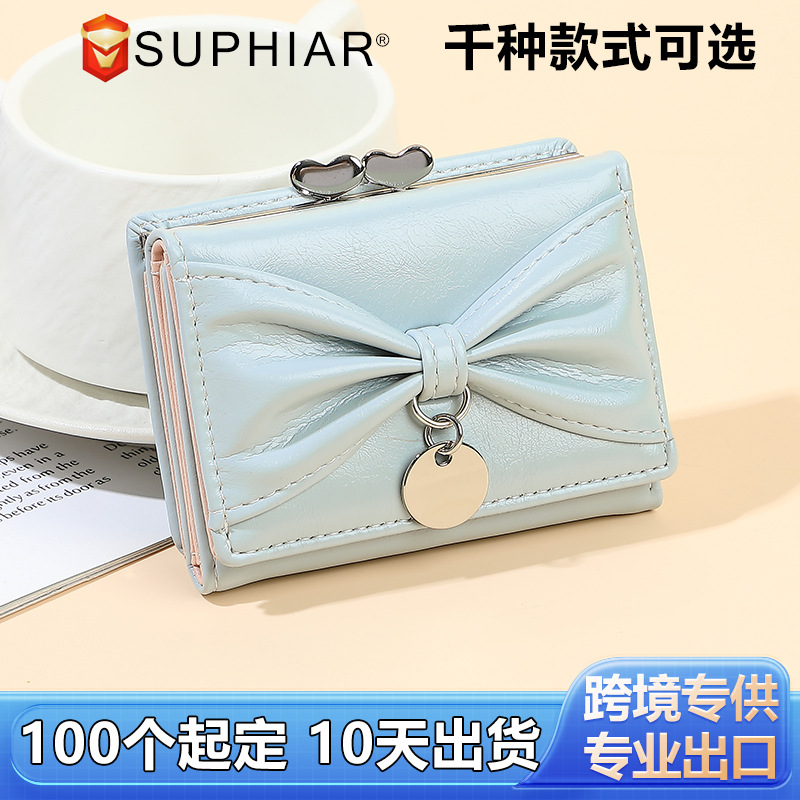 Cartera plegable de dibujos animados lindo transfronterizo, bowknot, bolso de tarjeta Macron, billetera de cuero PU de una pieza, billetera de mujer personalizada