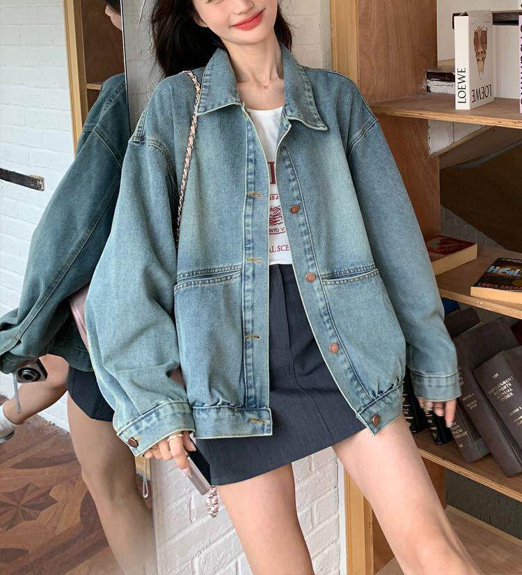 Áo khoác denim nữ dáng rộng phong cách retro, tay dài cổ ve áo — màu xanh denim chi tiết 6
