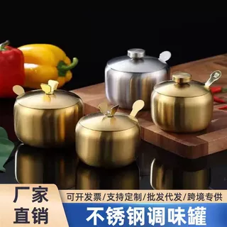 不锈钢调味罐韩式辣椒油调味调料盐罐不锈钢带勺厨房创意油罐跨境