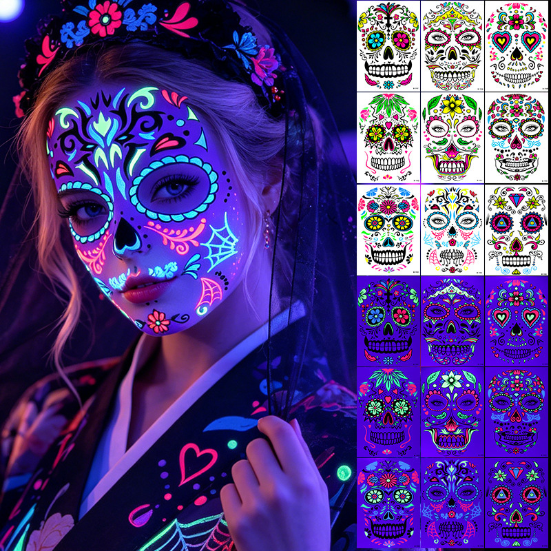Cross-Border Day of the Dead Colorful Sugar Skull Full Face Fluorescent Tattoo Stickers Folk Style Party Face Painting Makeup Stickers Cross-Border Day of the Dead Colorful Sugar Skull Full Face Fluorescent Tattoo Stickers Folk Style Party Face Painting Makeup Stickers