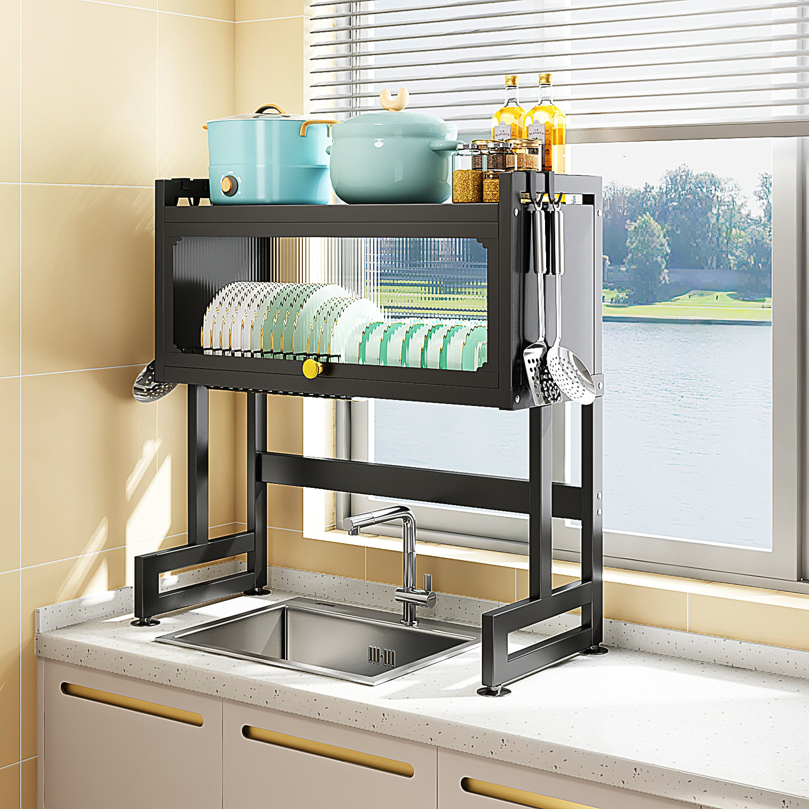 Rack de almacenamiento palillos de la cocina cesta estante del Tazón estante del fregadero hogar a prueba de polvo Almacenamiento de cocina palillos cuchillo tazón plato organizador rack