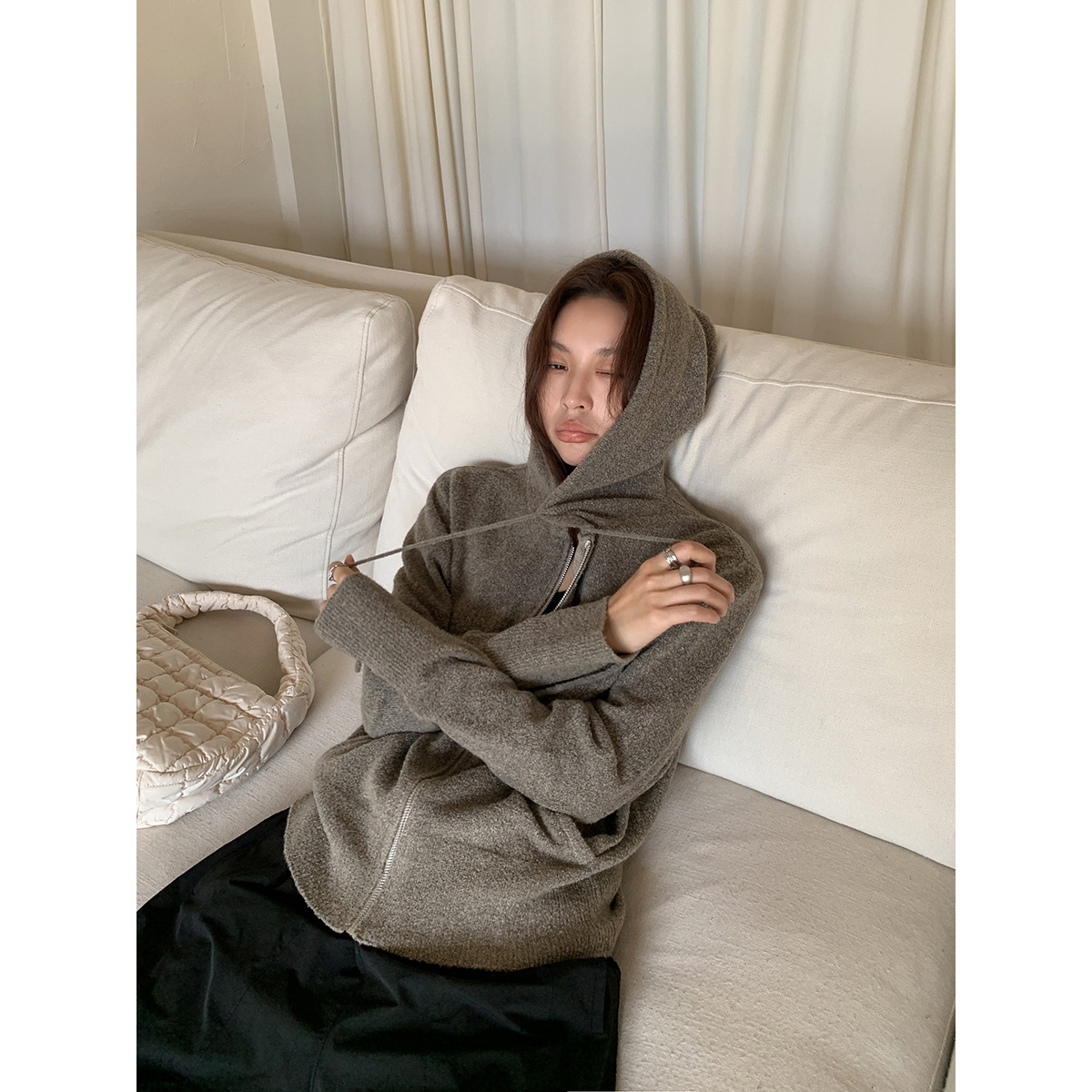 3754 #   Sixi Special Color Classic Basic Soft Thin Hooded Zipper Knitted Cardigan Jacket