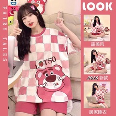 韓国のパジャマの女性の半袖の夏の薄いタイプの甘い新型は大きいサイズの夏の2つのセットの夏のタイプの家の服をプラスします。