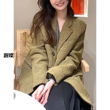 羊毛呢西装外套女2024秋冬季韩版宽松廓形斜纹加厚小个子呢子大衣