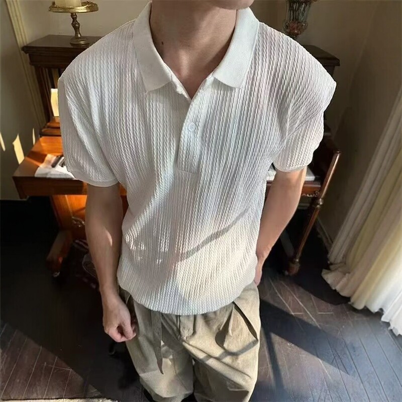 Summer Striped Short-Sleeve Polo Shirt for Men, Korean Style Slim Fit, Solid Color, Casual Thin Knit Top