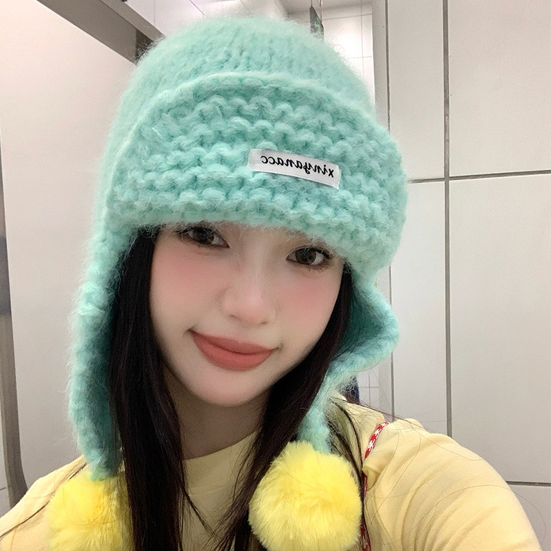 可爱绿色针织毛球护耳帽女秋冬季韩系飞行帽毛线帽保暖雷锋帽子潮|undefined