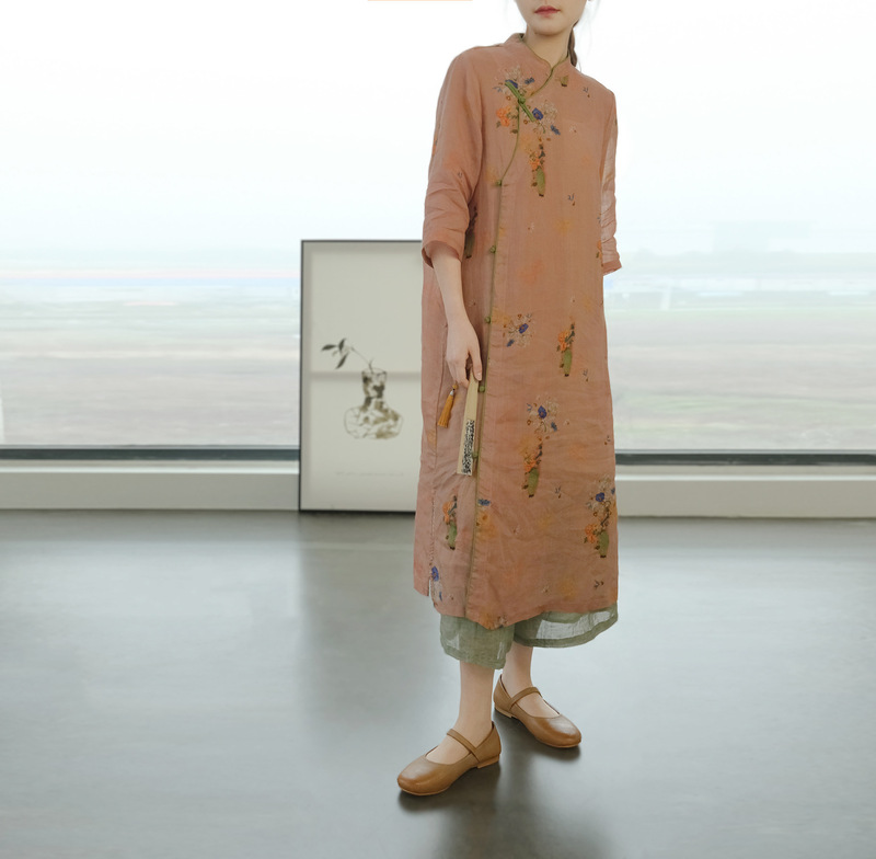 Original light Chinese painting printed ramie dress Zen loose dress L23082