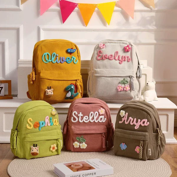 Etsy Name-Style Floral Corduroy Large-Capacity Backpack with Adhesive Custom Letters, Small Backpack for Children