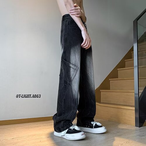 Oversized Pants from Douyin & Kuaishou: Retro Workwear Tie-Dye Gradient Black Denim Trousers with High-Street Vibe, Flared-Leg Design