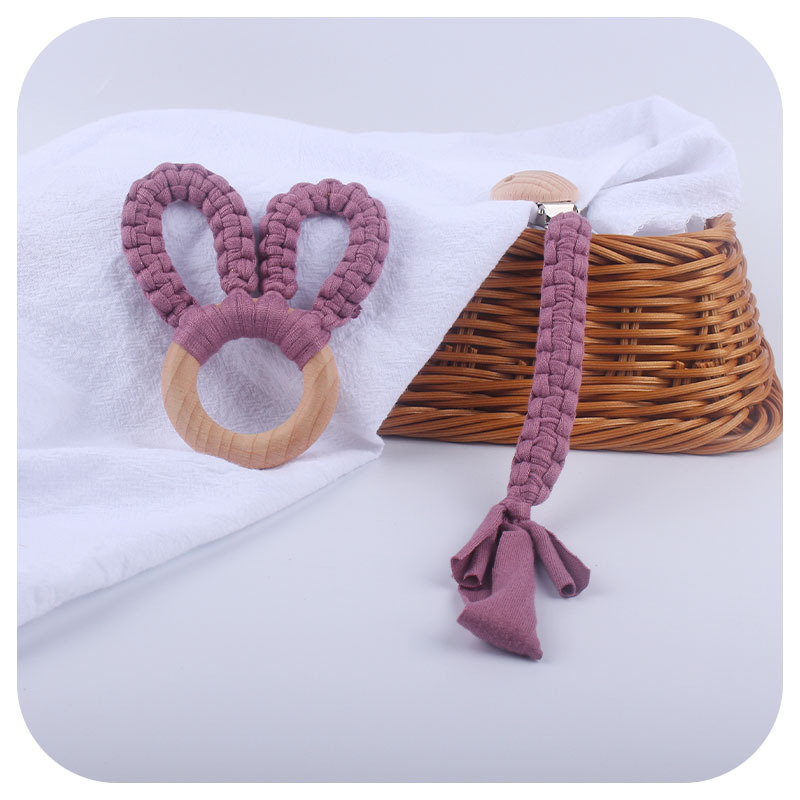 DIY bebé creativo Beech anillo mordedor pulsera juguete hecho a mano de algodón tejido orejas conejo dientes molienda palo