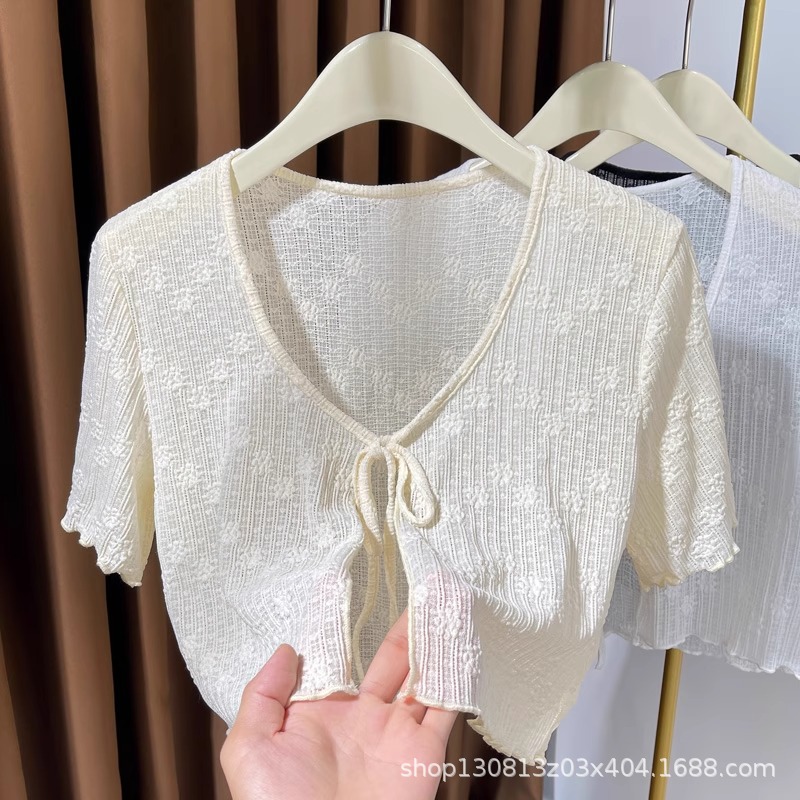 Lace short-sleeved cardigan, thin summer shawl, suitable for pairing with skirts, tie-up sun protection top/cover-up
