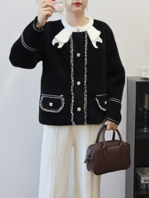 小香风气质毛衣外套女2025秋冬新款蝴蝶结长袖仿水貂绒针织开衫潮|undefined