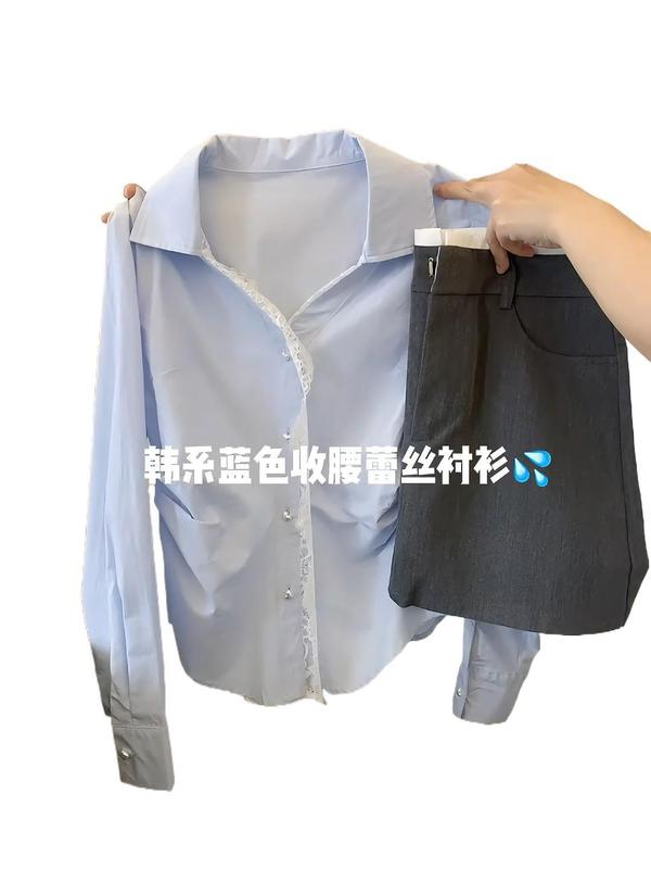 大码胖mm蕾丝拼接蓝色衬衫女2025秋季褶皱显瘦遮肉设计感小众上衣|undefined