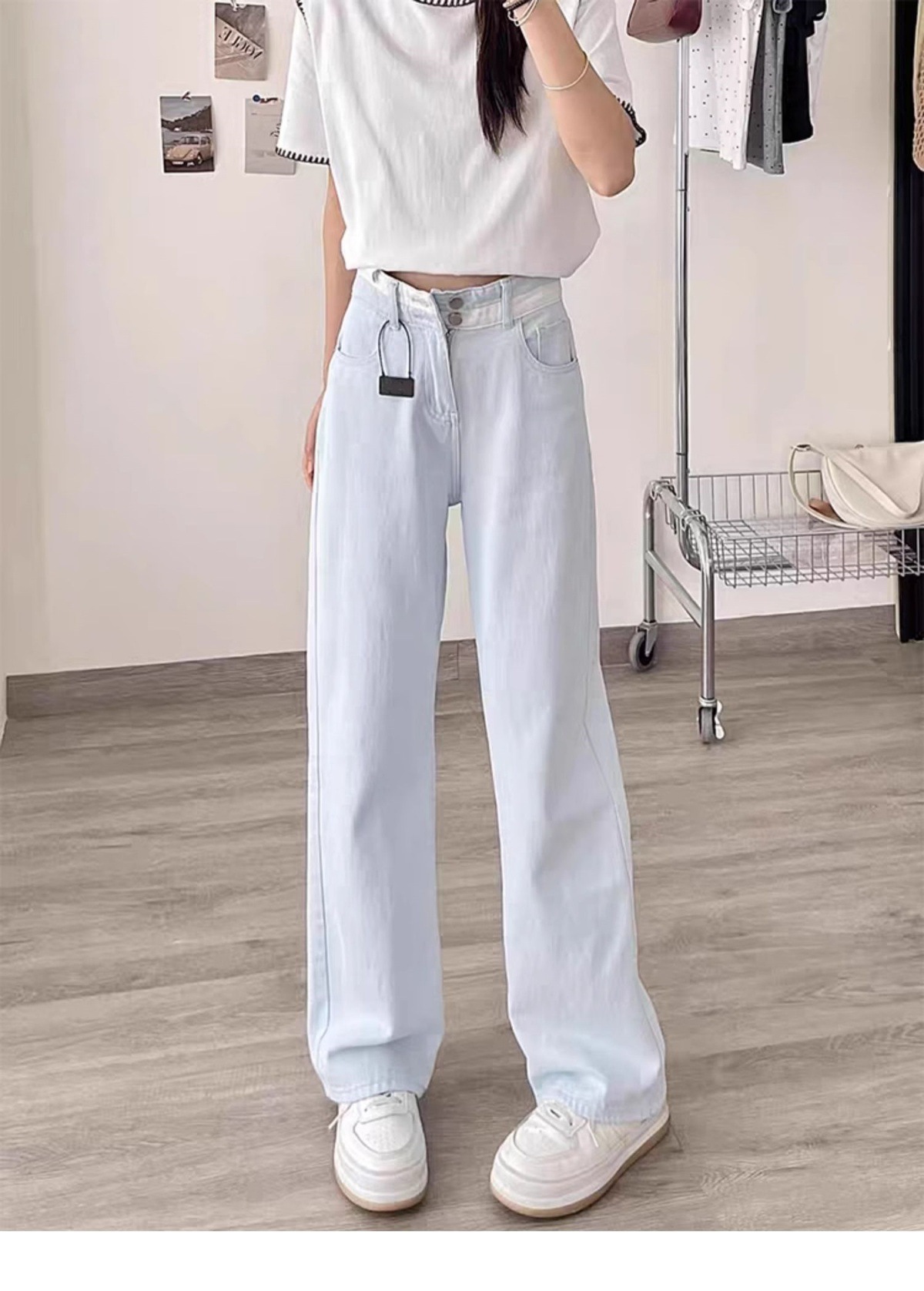 Hellblaue Damen Jeans Mit Hoher Taille Gerade Geschnitten_voghion.com
