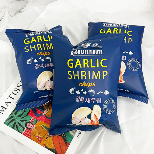 Korean Qulai Fu Garlic Flavor Shrimp Chips 82g Bagged Internet-Famous Potato Chips Office Snack Puffed Snacks Wholesale