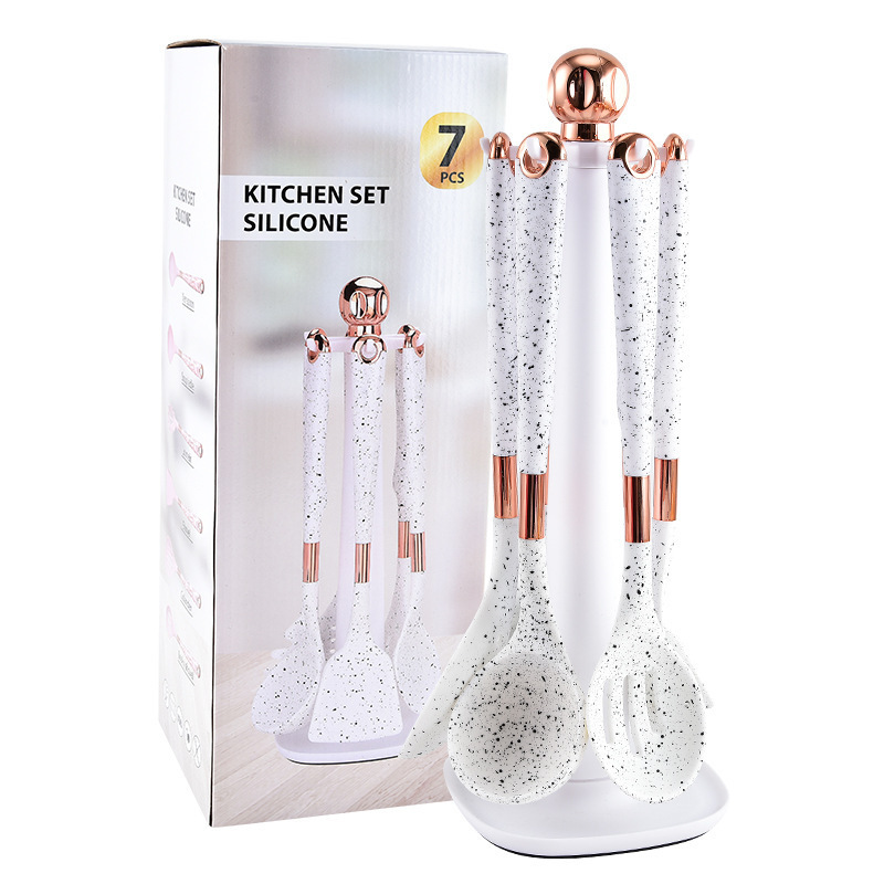 Venta caliente utensilios de cocina de silicona de comercio exterior de 7 piezas cocina cuchara de sopa antiadherente espátula con almacenamiento giratorio traje de rack