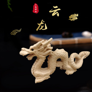 Wholesale three-dimensional wood carving Green Dragon primary color lacquer-free home small crafts big Zodiac peach wood hexagonal cloud dragon ornaments