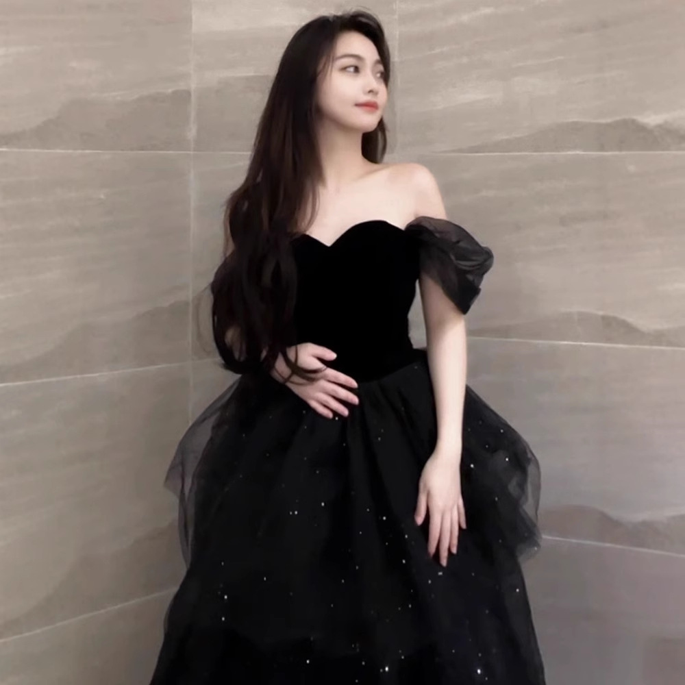 Váy dạ hội tutu kiểu Pháp màu đen sang trọng, dáng maxi thắt eo, phù hợp lễ tốt nghiệp, lễ trưởng thành — Màu đen