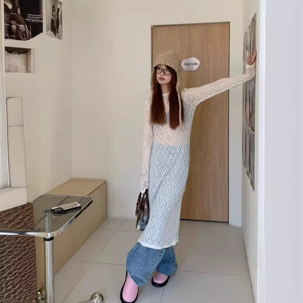 Heavy Crochet Dress for Women, Spring Design, Niche Lace Dress, Layered Long See-Through Dress, White Long Dress