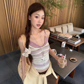 韩系纯欲蕾丝拼接条纹短袖t恤女夏季修身显瘦假两件针织打底上衣