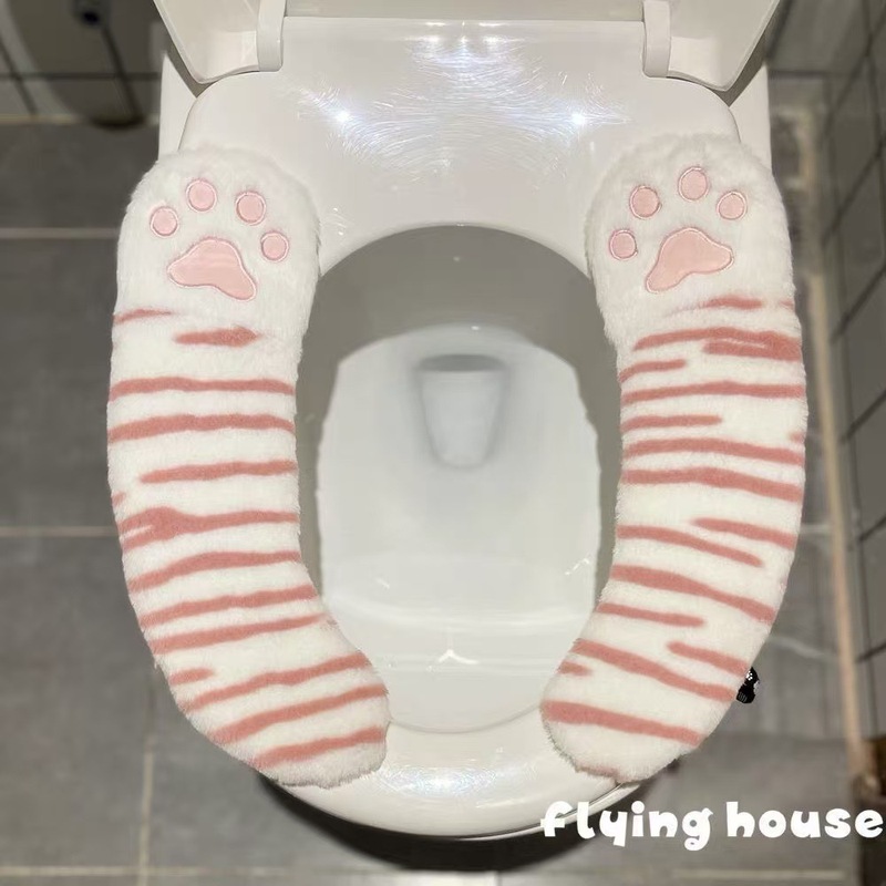 日系かわいい猫の爪トイレマット家庭用粘着式便器座布団リング冬のぬいぐるみトイレ座布団座布団セット|undefined