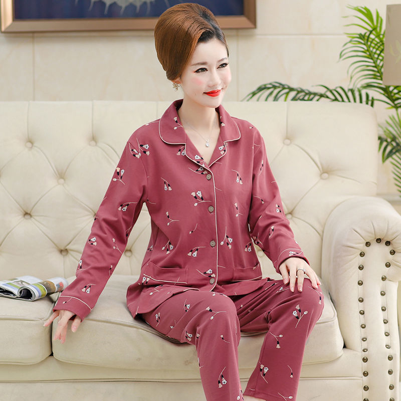 100% pijamas de verano de algodón para madres de mediana edad y ancianas mujeres Primavera y otoño de manga larga suegra de algodón traje de desgaste para el hogar