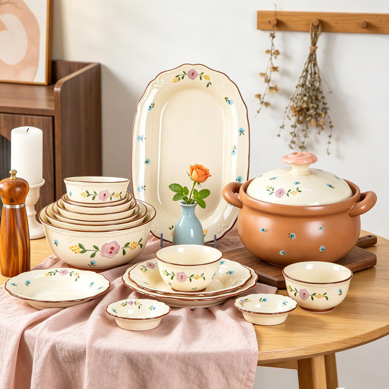 Cream-Colored High-Quality Bowl and Plate Set with Embossed Floral Ceramic Tableware, Underglaze Color, Household Bowls, Plates, Soup Bowls, Dinner Plates Cream-Colored High-Quality Bowl and Plate Set with Embossed Floral Ceramic Tableware, Underglaze Color, Household Bowls, Plates, Soup Bowls, Dinner Plates