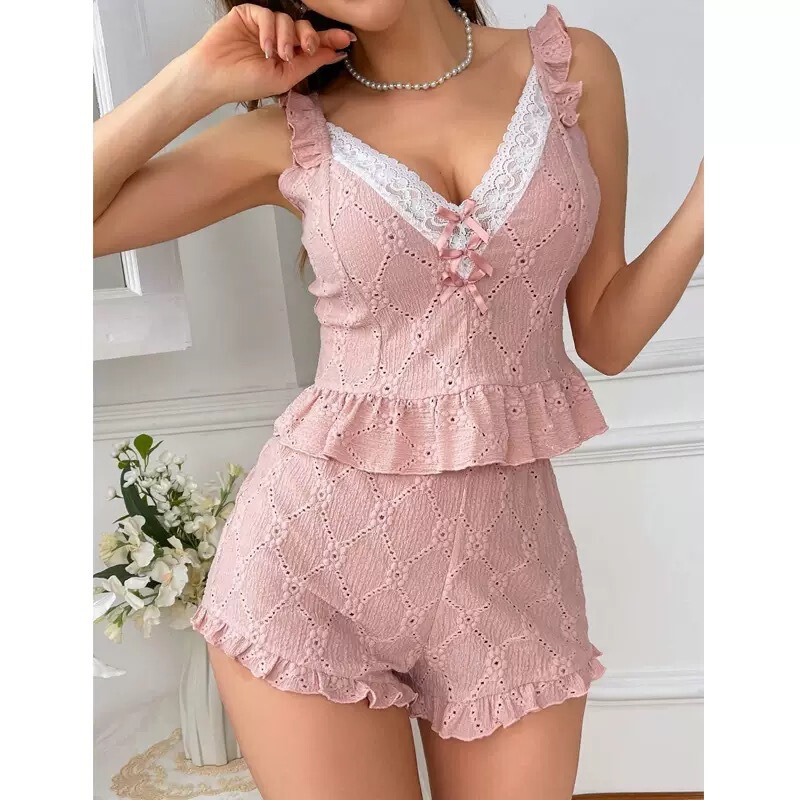 Cross-Border Sweet V-Neck Lace Trim Pajama Set for Women, New Summer Style with a High-End Feel, Hollow-Out Doll Shirt Loungewear